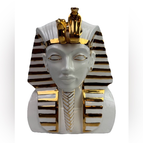 VTG 1989 King Tut Ceramic Bust Pharaoh Statue White & Gold Signed Egyptian Regal